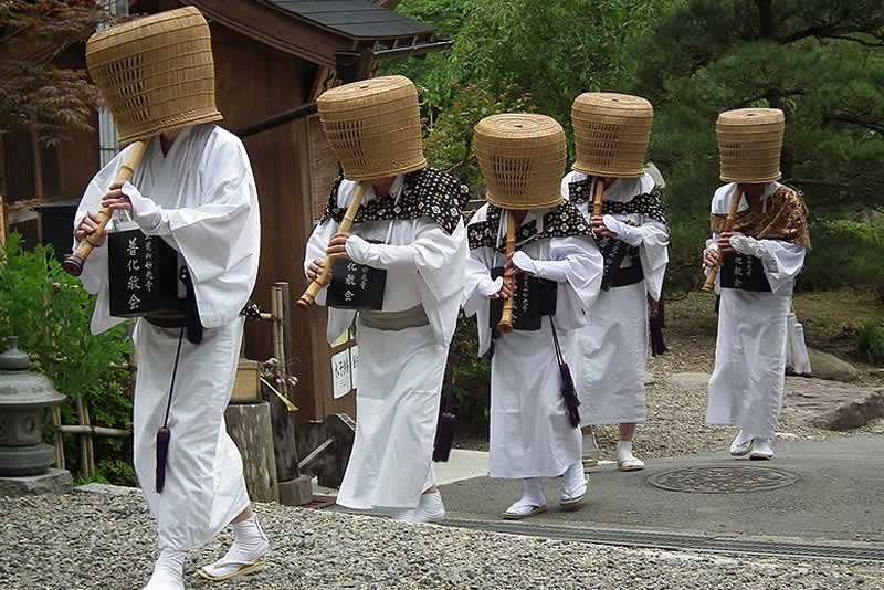 traditional shakuhachi players at Taikokuji Temple in Japan’s Hyogo Prefecture