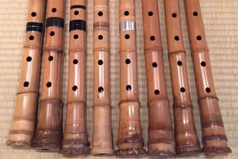 Group of many bamboo shakuhachi flutes